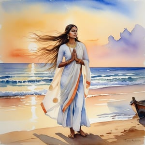 A watercolor portrayal of a stunning 24-year-old Russian woman, with long, flowing hair, standing in reverence on a pristine Goan beach at sunrise. She wears a loose, white short kurta that billows in the gentle breeze, revealing her toned legs. Local fishermen in colorful dhotis launch their small boats into the calm water in the background. Capture the spiritual serenity of the scene as the woman receives a blessing from a Hindu priest, with tilak adorning her forehead.