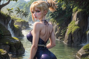 A stunning masterpiece! In the heart of a lush jungle, a 14-year-old Kohaku from Dr. Stone stands out in a vibrant blue dress worn with subtle elegance. Her bright blond hair flows down her back like a river of gold. A simple white choker and rope belt complement the outfit. White clog sandals complete the look.

The camera captures her from a knee-up view, looking directly at us. The bokeh effect creates a sense of depth, while the hyper-realistic shadows add dimensionality to the prehistoric world around her. Her double eyelids and very dark green eyes sparkle with a gentle intensity.

Every detail is meticulously rendered: her facial pores, skin texture, and highly realistic eyes are all showcased in ultra-high resolution. The dynamic light source casts a warm glow, emphasizing her natural beauty. This photograph is a raw masterpiece, capturing the essence of its subject with unparalleled precision.