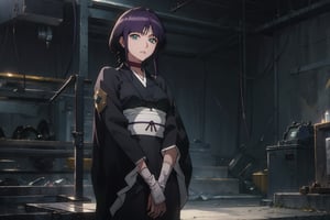 (masterpiece:1.2), best quality, high resolution, unity 8k wallpaper, (illustration), extremely detailed face, perfect lighting, extremely detailed CG, 1girl, solo, , nemu, purple hair, japanese clothes, choker, black kimono:1.3, expresionless, looking at viewer, simple background, parted lips, cowboy shot, short kimono, hands together, frontal view, arm guards, standing