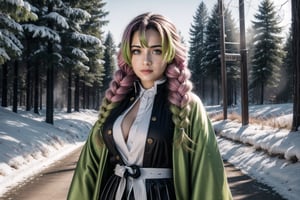 Photorealistic Full- Body image of Mitsuri Kanroji has a detailed and toned physical appearance, with a prominent bust.
She is dressed in a stunning kimono with intricate details, a black pleated skirt and ribbed leggings.
She wears a white haori jacket that emphasizes her curvy figure.
Her hair is multicolored and sports a braid.
He has bright green eyes, a mole under his left eye, and a mischievous expression.

Snowy forest at night with a full moon.