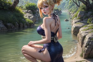 A stunning masterpiece! In the heart of a lush jungle, a 14-year-old Kohaku from Dr. Stone stands out in a vibrant blue dress worn with subtle elegance. Her bright blond hair flows down her back like a river of gold. A simple white choker and rope belt complement the outfit. White clog sandals complete the look.

The camera captures her from a knee-up view, looking directly at us. The bokeh effect creates a sense of depth, while the hyper-realistic shadows add dimensionality to the prehistoric world around her. Her double eyelids and very dark green eyes sparkle with a gentle intensity.

Every detail is meticulously rendered: her facial pores, skin texture, and highly realistic eyes are all showcased in ultra-high resolution. The dynamic light source casts a warm glow, emphasizing her natural beauty. This photograph is a raw masterpiece, capturing the essence of its subject with unparalleled precision.