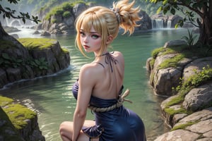 A stunning masterpiece! In the heart of a lush jungle, a 14-year-old Kohaku from Dr. Stone stands out in a vibrant blue dress worn with subtle elegance. Her bright blond hair flows down her back like a river of gold. A simple white choker and rope belt complement the outfit. White clog sandals complete the look.

The camera captures her from a knee-up view, looking directly at us. The bokeh effect creates a sense of depth, while the hyper-realistic shadows add dimensionality to the prehistoric world around her. Her double eyelids and very dark green eyes sparkle with a gentle intensity.

Every detail is meticulously rendered: her facial pores, skin texture, and highly realistic eyes are all showcased in ultra-high resolution. The dynamic light source casts a warm glow, emphasizing her natural beauty. This photograph is a raw masterpiece, capturing the essence of its subject with unparalleled precision.