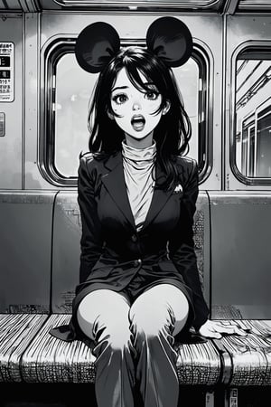 Boichi manga style, monochrome, greyscale, solo, a young lady, blone hair, trouser suit, Mickey Mouse ears, she was sitting in the train compartment, surprised eyes, open mouth, (a finger point to the ground), ((masterpiece))