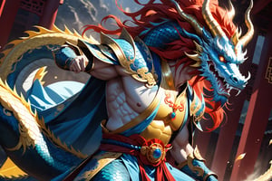 masterpiece, beautiful and aesthetic, ultra detail, intricate, 1man, solo, 55 years old, detailed character design, (Chinese dragon features, dragon horn, dragon eyes, dragon nose, dragon beard), (blue face, glistening scales skin), domineer expression, (messy golden hair, red mane), tall, fat, strong, (golden imperial robe), full shot, dynamic pose, Inspired by Chinese mythology story, dragon palace