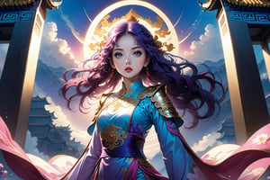 masterpiece, beautiful and aesthetic, ultra detail, intricate, In Chinese mythology, solo, 1girl, a heavenly guardian, big eyes, pink lips, pretty, long curly hair, purple hair, tall and thin, (Han Chinese Clothing, armor, pants), dynamic pose, poised as if ready to gallop into battle, creating a picturesque view of a heavenly palace, bathed in soft and ethereal light.