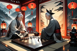 Two elderly sages, wisps of silver hair wisping beneath traditional hats, sit cross-legged on intricately woven silk rugs amidst ancient China's misty mountains. The soft glow of lanterns casts a warm ambiance as they concentrate on the game of Go, their eyes gleaming with intense focus. The chessboard, adorned with delicate carvings, serves as a canvas for their strategic battle.