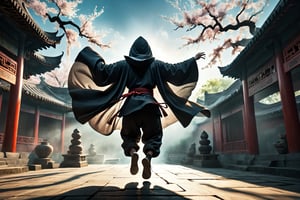 DonM5h4d0w5XL, masterpiece, extreme quality, ultra detailed, intricate, UHD, HDR, Chinese martial arts animation style, dramatic with an air of mystery and intrigue, a dark hooded cloak shadow, dynamic pose, vibrant, action-packed, (jump up, fly in the air:1.5), from behind, outdoors, ancient China backyard, mysterious colorful background, 