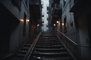 Dark Moody Atmosphere, {prompt}, dramatic, mysterious, dark moody atmosphere, masterpiece, beautiful and aesthetic, ultra detail, intricate, cinematic scenic view of the stairs up and down the apartment building, dark, dirty, messy