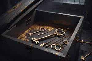 Dark Moody Atmosphere, {prompt}, dramatic, mysterious, dark moody atmosphere, masterpiece, beautiful and aesthetic, ultra detail, intricate, (a delicate golden key, ancient), in the goods bin