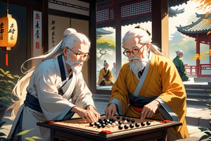 In a tranquil courtyard surrounded by lush greenery, two elderly sages, bespectacled and wispy-bearded, engage in a spirited game of Weiqi (Go) on a intricately carved wooden board. Soft, golden light pours from the surrounding pagoda's windows, casting a warm glow on the players' focused expressions. The atmosphere is heavy with anticipation as they contemplate their next move, their wrinkled hands moving deliberately to adjust the pieces.