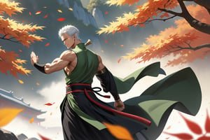 masterpiece, beautiful and aesthetic, ultra detail, intricate, 1male, solo, representation of the legendary martial artist, Roronoa Zoro features, detailed character design, smile, (white hair), exquisite body, strong abdominal muscles, (golden armlet:1.2), (black half gloves), black martial arts belt, (black Hanfu, sleeveless), black lace-up ankle brace, (looking back:1.5), (farewell pose), (waving), he stands tall and resolute, exuding an air of strength and unwavering determination. Chinese martial arts animation style, autumn leaves fluttering around, Inspired by Chinese mythology story