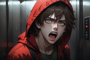 Dark Moody Atmosphere, {prompt}, dramatic, mysterious, dark moody atmosphere, masterpiece, beautiful and aesthetic, ultra detail, intricate, 1male, solo, 23 years old, detailed character design, delicate face, (panic expression), light green big eyes, open mouth, screaming, short brown hair, deep red hooded, jeans, (close up:1.5), dynamic pose, elevator behind 