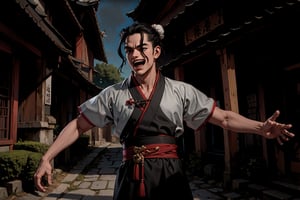 Masterpiece, best quality, detailed character design, UHD, (solo, 1male:1.5), 25 years old, a traditional Chinese physician, serene expression, manly, (wide jaw), (black hair, single bun:1.3), happy, laughing, tall and lean, accurate body and hand anatomy, (hanfu, grey), elegant, head bowing down, selling medicine, arms opened, dynamic pose, ancient street in the background, outdoors, ancient China style, boichi manga style