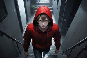 Dark Moody Atmosphere, {prompt}, dramatic, mysterious, dark moody atmosphere, masterpiece, beautiful and aesthetic, ultra detail, intricate, 1male, solo, 23 years old, detailed character design, delicate face, light green eyes, short brown hair, deep red hooded, jeans, (from above:1.5), dynamic pose, running on the stairs up and down the apartment building, dark, indoors