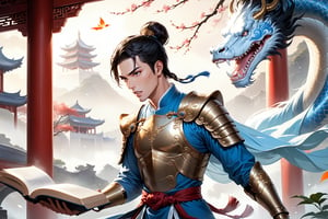 masterpiece, beautiful and aesthetic, ultra detail, intricate, (solo, 1male:1.5), 25 years old, detailed character design, Chinese mythology story, a heavenly guardian, serene expression, manly, bushy eyebrows, big eyes, (wide jaw:1.5), (black hair, a single hair bun), tall and lean, (Han Chinese clothing, armor, brown), straight on, dynamic pose, standing, taking a book, creating a picturesque view of a heavenly palace, bathed in soft, ethereal light.