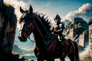 A majestic warhorse carries an ancient Chinese general, clad in armor, grasping a sturdy spear, as he stands guard at Shanhaiguan Pass. The imposing structure of the Great Wall snakes across the mountainous landscape, its ancient stones blending seamlessly into the rugged terrain. The general's determined gaze surveys the surroundings, his armor glinting in the sunlight, as the pass's strategic importance is palpable.,(MkmCut)