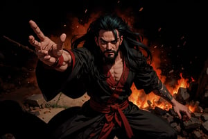 Chinese mythology story, solo, 1man, forty years old, long black hair, two beards, (accurate body and hand anatomy), aqua Taoist robe, thin and tall, fierce expression, dynamic pose, bold gestures , (push forward), action-packed, (straigh on), boichi manga style