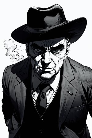 boichi manga style, monochrome, greyscale, solo, He is Chicago mob boss Al Capone, round face, thick eyes, big mouth, thick lips, scarred cheeks, vicious face, cigar, wearing a round hat, tall and fat, wearing a suit, walking, ((masterpiece))