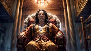 A majestic portrait of a formidable Chinese emperor, sitting regally in a throne chair amidst the grandeur of a royal palace. The old man's face contorts with rage as he devours meat, his long black hair and beard flowing like darkness. A scar mars his left eye, while flesh-like fangs protrude from his mouth. Tall and fat, his full-bodied form is captured from below, straight on. He wears a golden Taoist robe, its intricate details shining beneath the palace's ornate architecture.