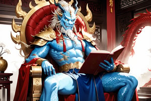 masterpiece, beautiful and aesthetic, ultra detail, intricate, 1man, solo, 55 years old, (Dragon King), detailed character design, (Chinese dragon features, dragon eyes, dragon nose, dragon beard), (messy hair, golden hair), (blue skin, glistening scales skin), tall and strong, (red imperial robe), dynamic pose, sitting in a throne chair, reading reports, emperor, royal, Inspired by Chinese mythology story, dragon palace