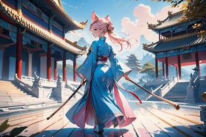 masterpiece, beautiful and aesthetic, ultra detail, intricate, solo, (1female, Pig features, Pig ears), detailed character design, smile sweetly, light pink skin, silver hafu, wide sleeves, blue long skirt, she holding a long stick, (from behind:1.5), dynamic pose, Chinese martial arts animation style, outdoors, heavenly palace, countless palaces