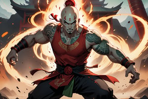 masterpiece, beautiful and aesthetic, ultra detail, intricate, 1male, solo, Berserker, Chinese mythology story, broad cheeks, (face burn scar), fierce expression, Buck-toothed, (thick eyebrows, red eyebrows), big eyes, aquiline nose, (bald, a red bun), (light green skin), (arm tattoo, tribal tattoo), giant, developed muscles, thick legs, barefoot, (red tank top), bracer, black pants, anklet, upper body, dynamic pose, powerful pose, the battle stance, Chinese martial arts animation style, sparks, battlefield scene