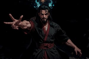 Chinese mythology story, solo, 1man, forty years old, long black hair, two beards, (accurate body and hand anatomy), aqua Taoist robe, thin and tall, intense emotion, dynamic pose, bold gestures , (pushing), action-packed, (straigh on), boichi manga style