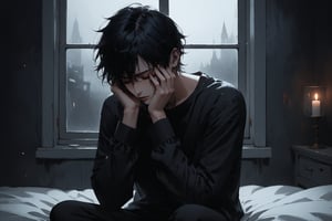 Dark Moody Atmosphere, {prompt}, dramatic, mysterious, (dark moody atmosphere), masterpiece, beautiful and aesthetic, ultra detail, describes a person covering his ears with his hands, lowering his head, closing his eyes tightly, being made unbearable by the noise, Sitting on the bed, opening the window, midnight