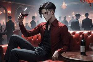 horror-themed {prompt} . eerie, unsettling, dark, spooky, suspenseful, grim, highly detailed, masterpiece, beautiful and aesthetic, ultra detail, intricate, 1male, solo, 23 years old, detailed character design, delicate face,  gray eyes, (smirk), (dark hair, Classic Undercut), red shirt, black dress pants, (side view), dynamic pose, (holding a wine glass), wines on the table, sitting in the couch, indoors, night club, people dance around