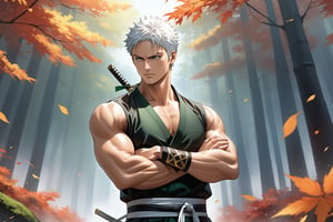 masterpiece, beautiful and aesthetic, ultra detail, intricate, 1male, solo, representation of the legendary martial artist, Roronoa Zoro features, detailed character design, (thinking expression, looking up:1.2), (white hair), exquisite body, strong abdominal muscles, (golden armlet:1.2), (black half gloves), black martial arts belt, (black Hanfu, sleeveless), black lace-up ankle brace, (crossed arms:1.5), dynamic pose, forests, mists, autumn leaves fluttering around