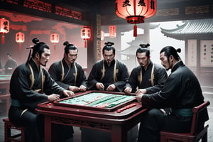 Dark Moody Atmosphere, {prompt}, dramatic, mysterious, dark moody atmosphere, masterpiece, beautiful and aesthetic, ultra detail, intricate, describes a group of burly men who broke into a mahjong casino with evil deeds and gamblers who were playing mahjong. They ran away one after another, very scared, in ancient China