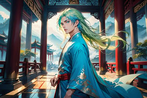 masterpiece, beautiful and aesthetic, ultra detail, intricate, solo, 1male, 25 years old, handsome, (long eyes, blue eyes), (long hair, Split-color Hair, Light Green Hair, Blue Hair), tall, (Han Chinese Clothing, green), flowing robe, radial side view, dynamic pose, heroic stance, creating a picturesque view of a heavenly palace, bathed in soft and ethereal light.