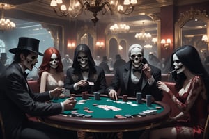 horror-themed {prompt} . eerie, unsettling, dark, spooky, suspenseful, grim, highly detailed, masterpiece, beautiful and aesthetic, ultra detail, intricate, (people play cards), smoking, drinking, laugh, yelling, cheers, card table, in the casino