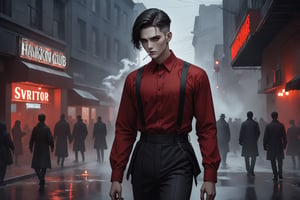 horror-themed {prompt} . eerie, unsettling, dark, spooky, suspenseful, grim, highly detailed, masterpiece, beautiful and aesthetic, ultra detail, intricate, 1male, solo, 23 years old, detailed character design, delicate face,  gray eyes, (dark hair, Classic Undercut), red shirt, black dress pants, dynamic pose, smoking, standing on the corner of street, outside of night club