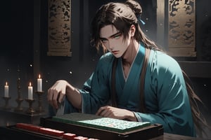 Dark Moody Atmosphere, {prompt}, dramatic, mysterious, dark moody atmosphere, masterpiece, beautiful and aesthetic, ultra detail, intricate, 1male, solo, 23 years old, detailed character design, delicate face, (a pained look), light green eyes, (brown long hair, a bun), blue Hanfu, (looking up), a bunch of ingots on mahjong table