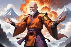 masterpiece, beautiful and aesthetic, ultra detail, intricate, 1male, solo, (60 years old, old man), detailed character design, warrior monk, godlike, domineer expression, bead_earrings, (full beard, white), bald, (short stature, muscular), (Kasaya of Shoulder-covering Style, orange), dark purple pants, (small magic flames on shoulders), (face close-up), dynamic pose, (hands in prayer pose:1.5), standing on the peak, Chinese martial arts animation style, volcanos, mists