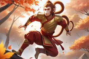 masterpiece, beautiful and aesthetic, ultra detail, intricate, 1male, solo, Monkey King, (monkey features:1.8), detailed character design, red hafu, golden armor, (jump down from a tree), dynamic pose, Chinese martial arts animation style, outdoors, autumn leaves fluttering around, woods