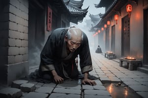 In a dimly lit, ancient Chinese street, a man without limbs crawls across the worn stone pavement like a maggot, his skin a sickly pale. The air is thick with fog and desperation as he begs for scraps from passersby, his eyes sunken with hunger. The stark contrast of dark moody atmosphere and beauty surrounds him, a masterpiece of despair.