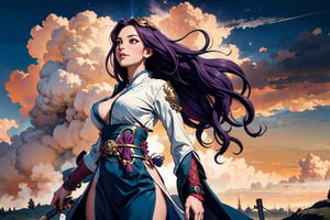 A majestic warrior maiden stands alone in a misty dawn, her big, sparkling eyes radiating determination. Her lips, painted a vibrant pink, curve into a confident smile beneath the rim of her ornate helmet. Long, curly locks cascade down her back, entwined with wispy tendrils of purple hair that seem to hold the secrets of ancient China. She wears a flowing robe billowing behind her like a cloud, and her slender physique is clad in polished armor, evoking the boichi manga style.
