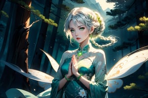 masterpiece, beautiful and aesthetic, ultra detail, intricate, 1female, a celestial ethereal ghostly Fairy, 50 years old, solo, detailed character design, grace, gentle nature, feminine soft face, light green eyes, (long hair, Braided updo, silver hair), hair ornament, tall, slender body frame, collarbone, bead_bracelet, (cheongsam, long, green), (holding a bead_necklace), full shot, dynamic pose, (a single hand in prayer pose), standing atop hill, Chinese martial arts animation style, pine woods in the background, Inspired by Chinese mythology story