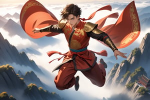 masterpiece, beautiful and aesthetic, ultra detail, intricate, solo, 1male, 25 years old, detailed character design, wide eyes, brown short hair, (brown skin), tall and strong, red Hanfu, golden totemic embroidery, armor, (leaping in the air:2), (from above:1.5), dynamic pose, dramatic arc of light and shadow, Chinese martial arts animation style, peak, mountains, mists