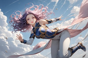 masterpiece, beautiful and aesthetic, ultra detail, intricate, In Chinese mythology, solo, 1girl, a heavenly guardian, big eyes, pink lips, pretty, long curly hair, purple hair, tall and thin, (Han Chinese Clothing, armor, pants), (far away shot), dynamic pose, falling down, in the sky, clouds.