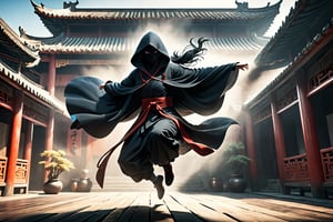 DonM5h4d0w5XL, masterpiece, extreme quality, ultra detailed, intricate, UHD, HDR, Chinese martial arts animation style, dramatic with an air of mystery and intrigue, a dark hooded cloak shadow, dynamic pose, vibrant, action-packed, (jump up, fly in the air:1.5), (roof:1.2), from side, outdoors, ancient China backyard, mysterious colorful background, 