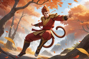 masterpiece, beautiful and aesthetic, ultra detail, intricate, 1male, solo, Monkey King, (monkey features:1.5), detailed character design, red hafu, golden armor, (jump down from a tree), dynamic pose, Chinese martial arts animation style, outdoors, autumn leaves fluttering around, woods