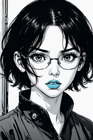 boichi manga style, monochrome, greyscale, in a corner of an alley, under dim street lights, solo, a girl, glasses, short hair, Chinese clothes, She had a surprised look on her face, close up view, ((masterpiece))