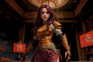 masterpiece, best quality, ultra detailed, UHD, detailed character design, In Chinese mythology, solo, 1girl, beauty, detailed face, delicate features, a look of determination, big eyes, pink lips, long curly hair, purple hair, tall and thin, (accurate body and hand anatomy), general, power armor, cowboy shot, dynamic pose, heroic stance, command the armies, standing on the podium, training scene, ancient China style, boichi manga style