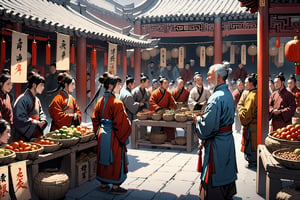 (Masterpiece, beautiful and aesthetic, ultra detail, intricate), Describes a market in ancient China, where an old man was making a speech to a group of people.