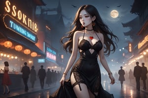 horror-themed {prompt} . eerie, unsettling, dark, spooky, suspenseful, grim, highly detailed, masterpiece, beautiful and aesthetic, ultra detail, intricate, 1female, solo, 20 years old, detailed character design, Asian beauty, pure, romantic mood, feminine soft face, golden eyes, (a cigarette in mouth, smoking), heart earrings, (flowing long hair, brown), detail skin, pore, big breasts, curvaceous, slender waist, (black halter dress, clothing heart shaped cutout, lace trim, leg garter), jewelry necklace, (carry a golden purse), (from side:1.5), dynamic pose, vibrant, outdoors, walking on the street, night club, night moon