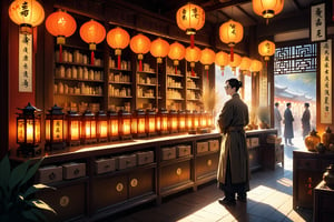 A majestic, ornate shot of an ancient Chinese medicine store, bathed in warm, golden lighting. The walls, adorned with intricately carved wooden panels, are lined with small drawers overflowing with a rainbow of Chinese medicinal materials. Amidst this tranquil scene, a bespectacled Chinese herbalist stands at the counter, his hands moving with deliberate precision as he prepares ancient remedies for awaiting customers. The air is thick with the aroma of dried herbs and the soft glow of lanterns, casting a warm ambiance over the entire setting.