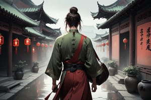 Dark Moody Atmosphere, {prompt}, dramatic, mysterious, dark moody atmosphere, masterpiece, beautiful and aesthetic, ultra detail, intricate, 1male, solo, 23 years old, detailed character design, delicate face, light green eyes, brown long hair, a bun, red hanfu, (back view:1.5), dynamic pose, action packed, (carrying a big bag), walking in the ancient China village